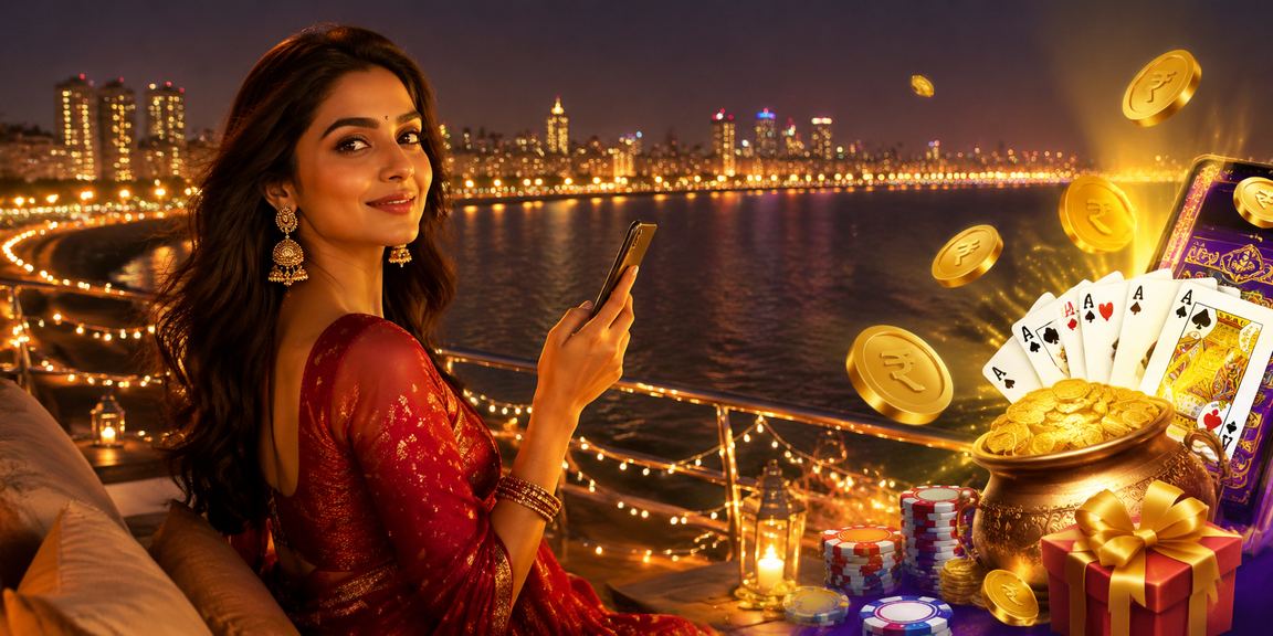 Vibrant Mumbai Marine Drive with Teen Patti gameplay and Indian Rupee notes